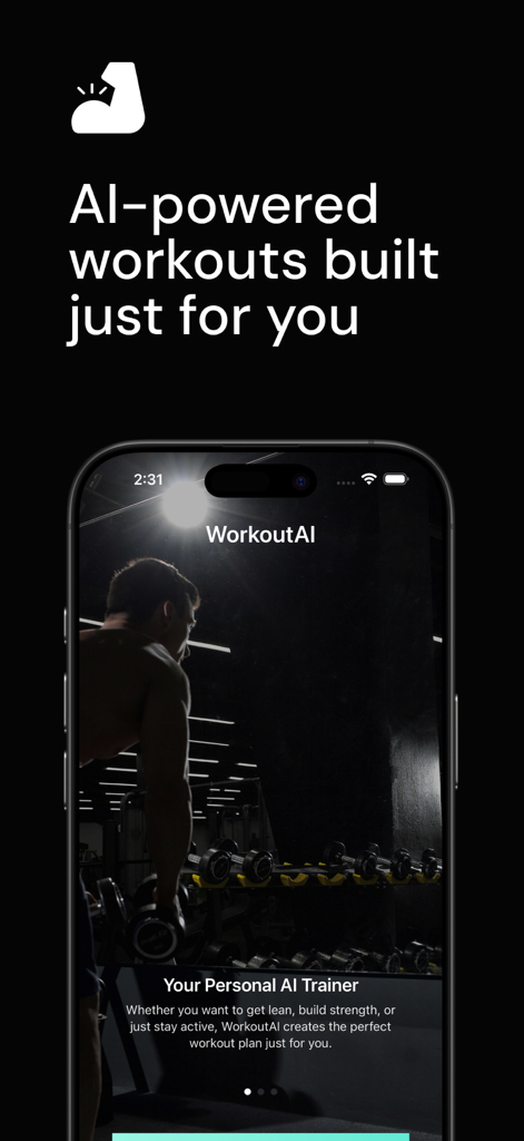 WorkoutAI app screen showing personalized AI powered workout plans