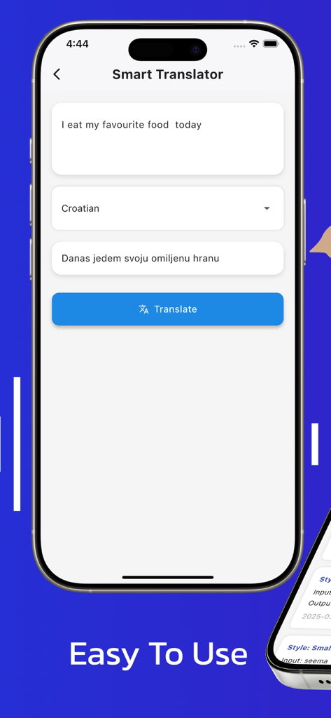 Smart Translator screen of the TranslateMate AI app showing English text translated to Croatian on an iPhone