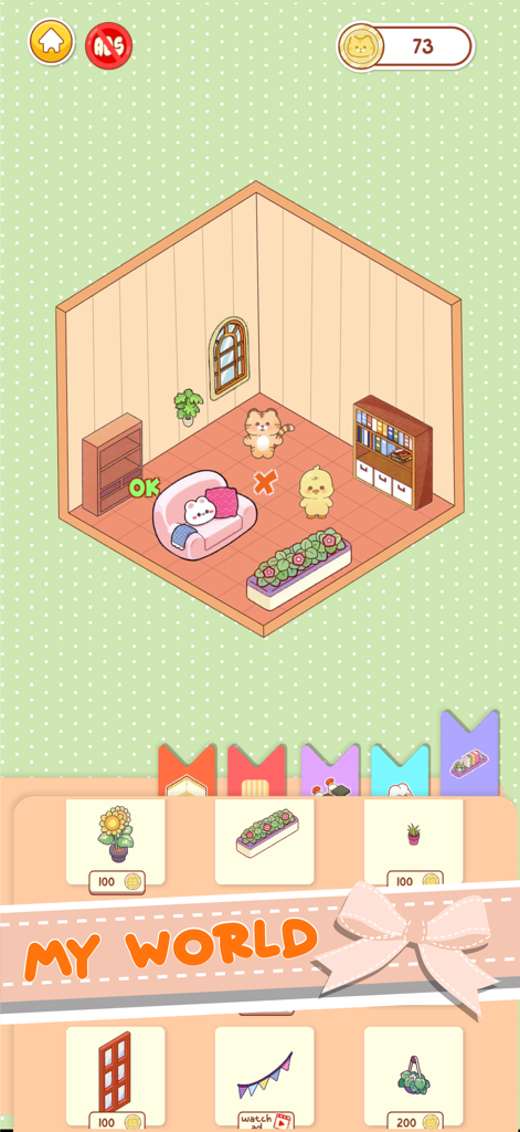 Tiny Sticker Home Decor - A cozy room design interface in Tiny Sticker Home Decor featuring cute animal stickers and furniture items.