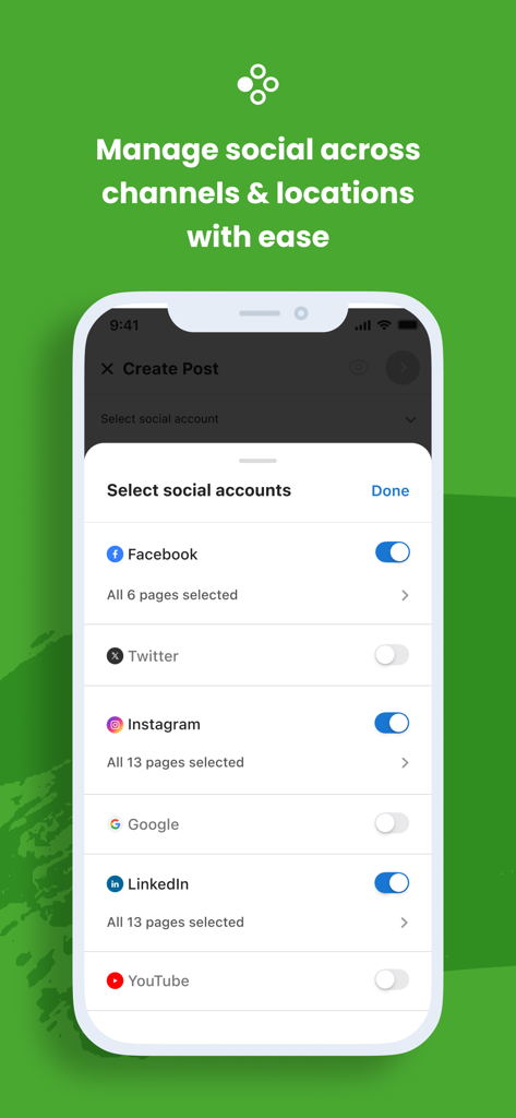 Écran de l'application Birdeye montrant la sélection de plusieurs comptes de réseaux sociaux comme Facebook et Instagram pour la gestion multi-sites