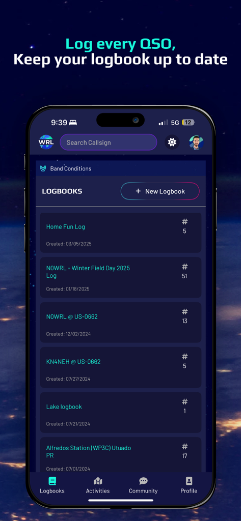 World Radio League - Mobile interface of the World Radio League app displaying a list of digital amateur radio logbooks and QSO records.