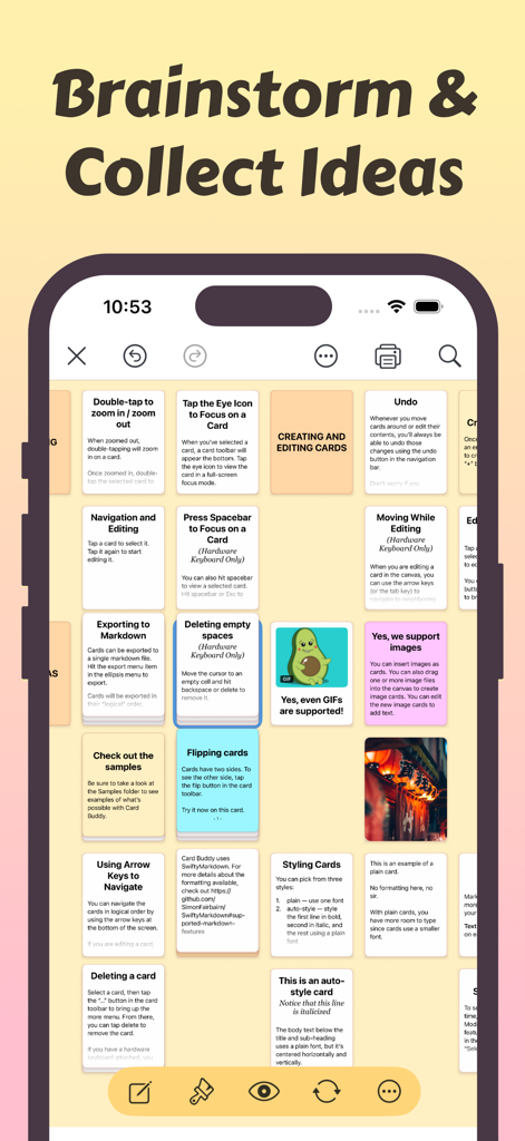 Card Buddy - Index Cards - Interface of the Card Buddy app showing a grid of digital index cards used for brainstorming and organizing creative ideas