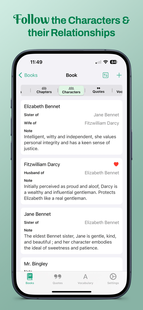 Bookopedia: Note-Taking Books - Capture d'écran de l'application Bookopedia montrant les profils de personnages et le suivi des relations pour le livre Orgueil et Préjugés sur un iPhone