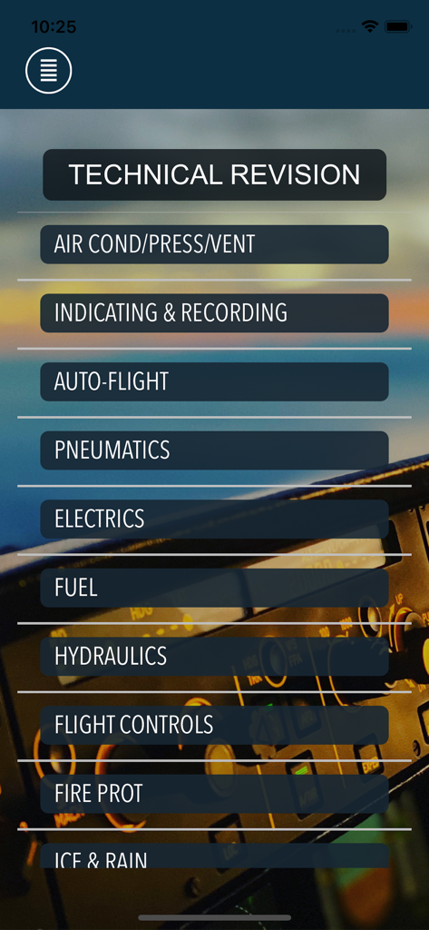 Technical revision menu screen for Airbus A320 pilot study app