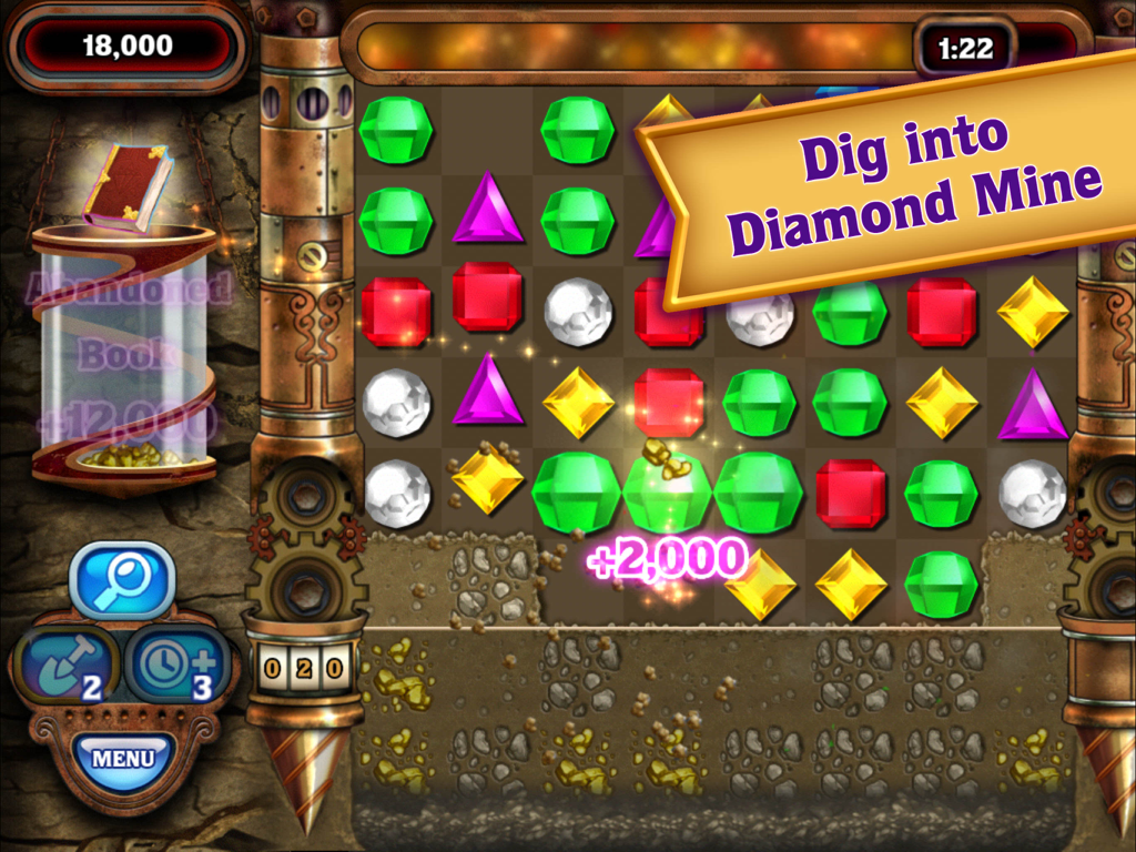 Jugabilidad de Bejeweled Classic HD en el modo Diamond Mine con gemas coloridas y una interfaz steampunk