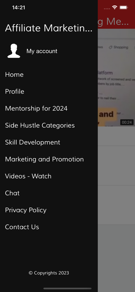 メンターシップと副業のオプションをリストするアフィリエイトマーケティングメンターシップアプリのナビゲーションメニュー