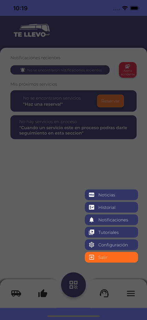 Purdy Mobility - Panel de la aplicación TeLLevo de Purdy Mobility mostrando notificaciones de servicio y opciones del menú de navegación