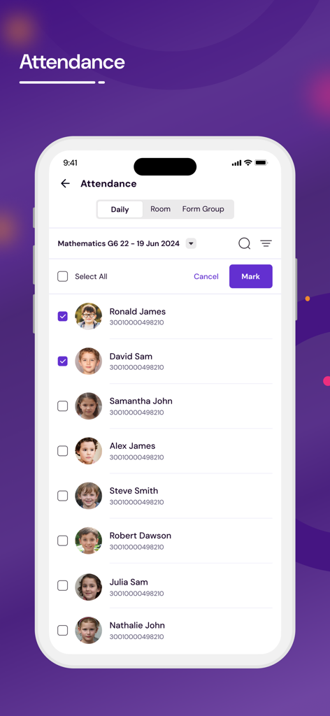 Phoenix Classroom - Mobile interface of Phoenix Classroom app showing a student attendance checklist for teachers.