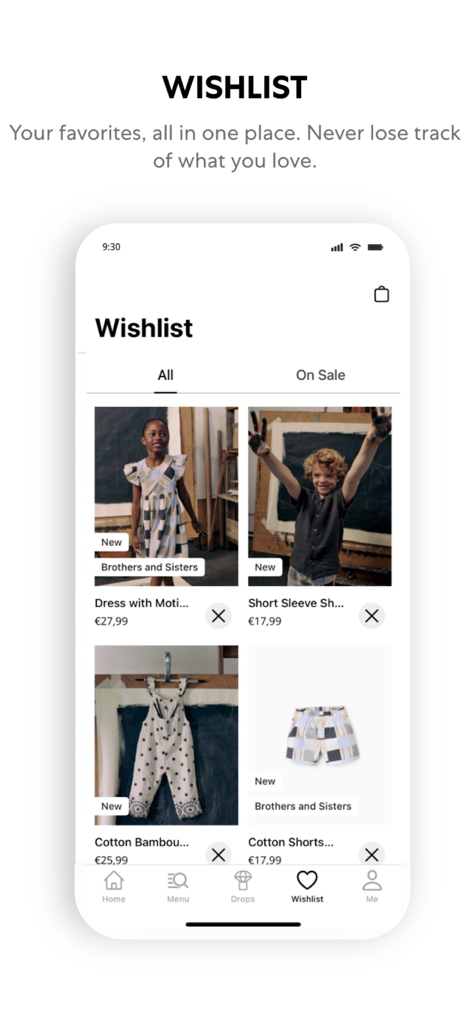 ZIPPY Kidstore app wishlist screen displaying children's clothing favorites with prices and new arrival tags
