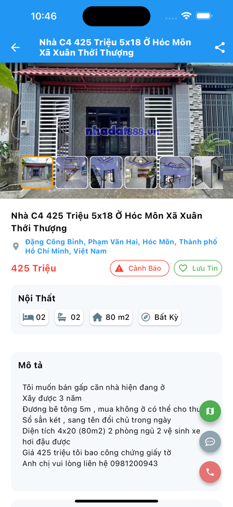 NhaDat888 - Nhà Đất Chính Chủ - Mobile app screenshot showing a real estate property listing in Vietnamese