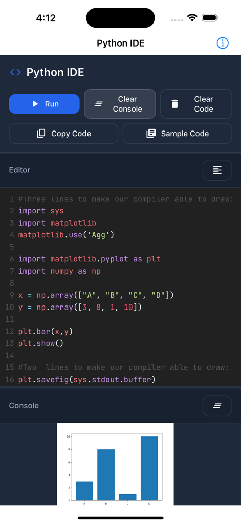 コードエディターと生成された棒グラフの出力を示すPython Compilerアプリインターフェース