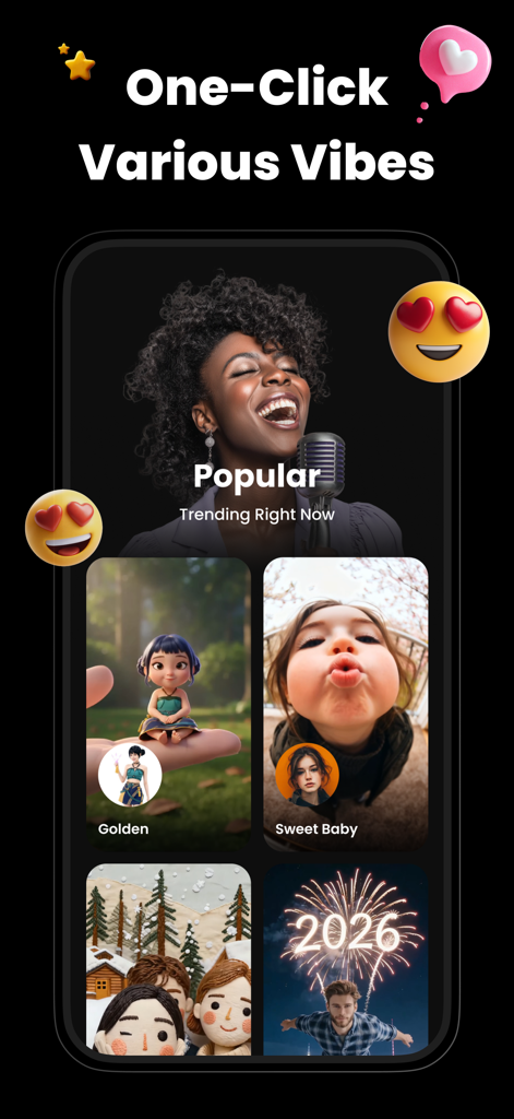 VibeMe AI: Music Video Maker - VibeMe AI app interface displaying popular singing photo templates and trending music video styles.