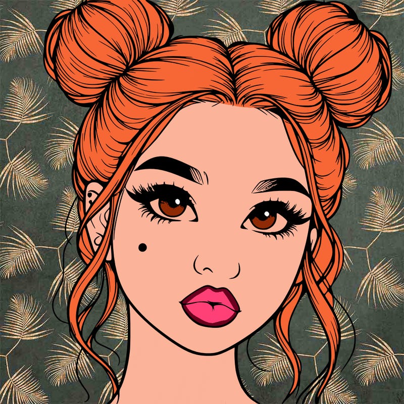 realistic girl with two buns on her hair and lips