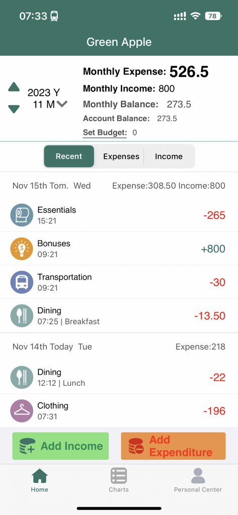 Green Apple Accounting - Mobile app home screen showing monthly expenses and daily transaction history
