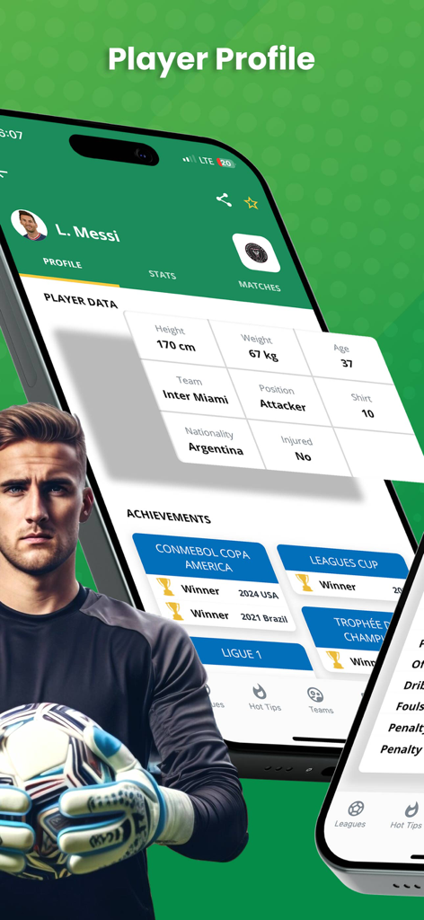 Mobile app screen showing a soccer player profile with detailed statistics and achievements for Lionel Messi