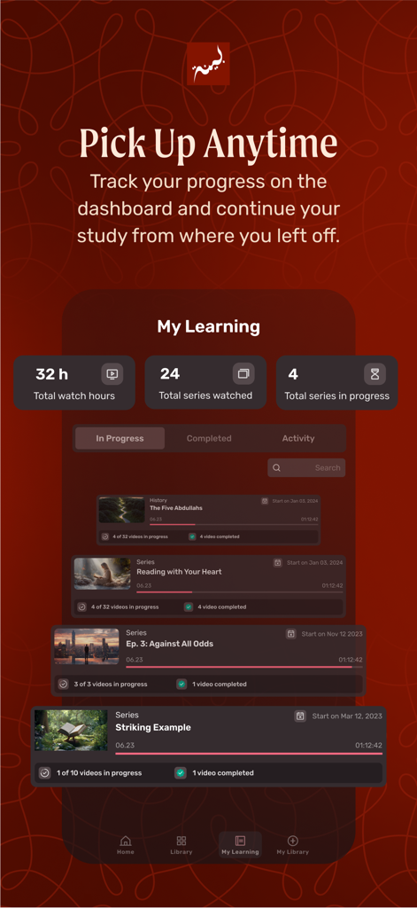 A mobile application interface displaying a student dashboard with watch hours, completed series, and a list of Quranic study courses in progress.