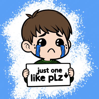 realistic crying boy with a sign saying just one like plz