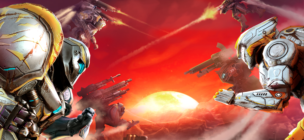 Mech Wars-Online Robot Battles - Escena de batalla cinematográfica entre mechs personalizados en un entorno futurista