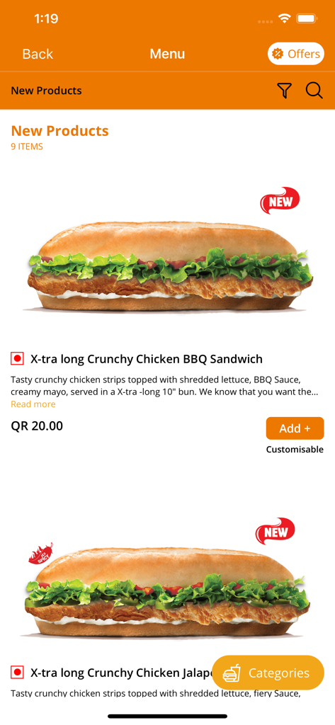 Burger King Qatar - Burger King Qatar mobile app menu page displaying new chicken sandwiches with prices