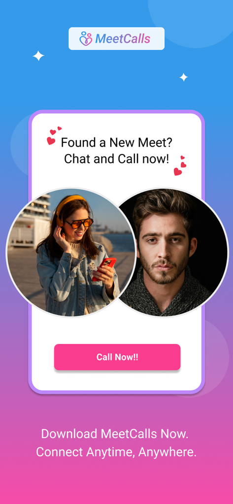 Oberfläche der MeetCalls-App, die Benutzerprofile und eine Schaltfläche „Jetzt anrufen“ für sofortige Video-Kommunikation zeigt