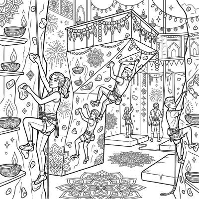 Embark on a unique coloring journey where the thrill of indoor climbing meets the vibrant spirit of Diwali. This intricate design invites you to bring a dynamic festive scene to life with your favorite colors.