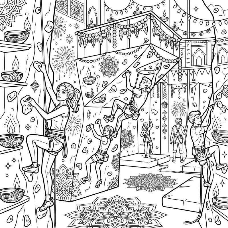 Embark on a unique coloring journey where the thrill of indoor climbing meets the vibrant spirit of Diwali. This intricate design invites you to bring a dynamic festive scene to life with your favorite colors.