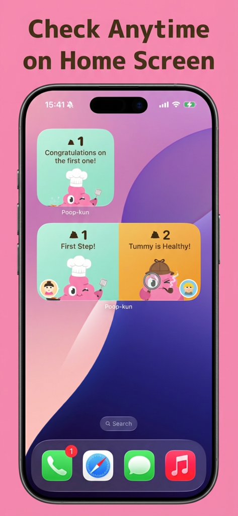 UNCHIKUN Poop Tracker - iPhone home screen showing cute UNCHIKUN poop tracker widgets with character avatars and daily counts.