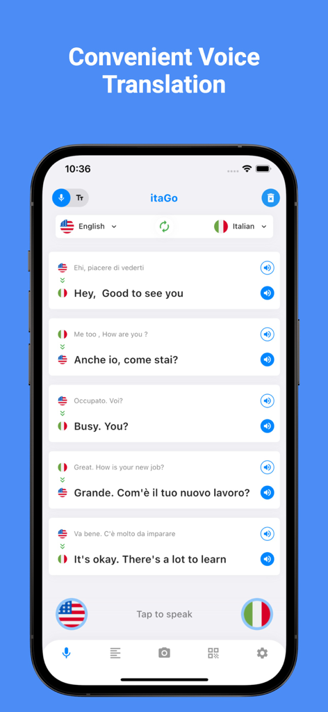 Captura de pantalla de un teléfono móvil que muestra la interfaz de la aplicación Italian Translator Pro con una conversación traducida por voz entre inglés e italiano.
