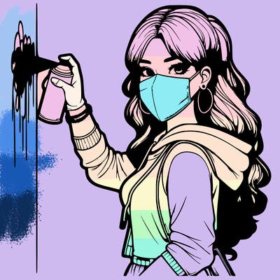 realistic girl with mask spray painting a wall