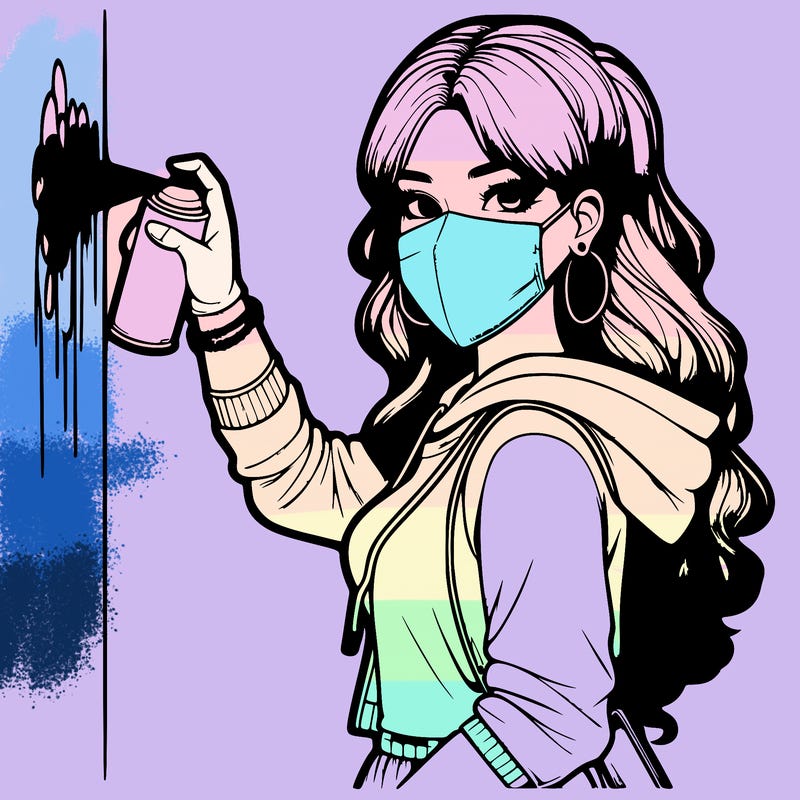 realistic girl with mask spray painting a wall