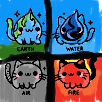 4 cats that represent the different elements, earth, water, air, and fire
