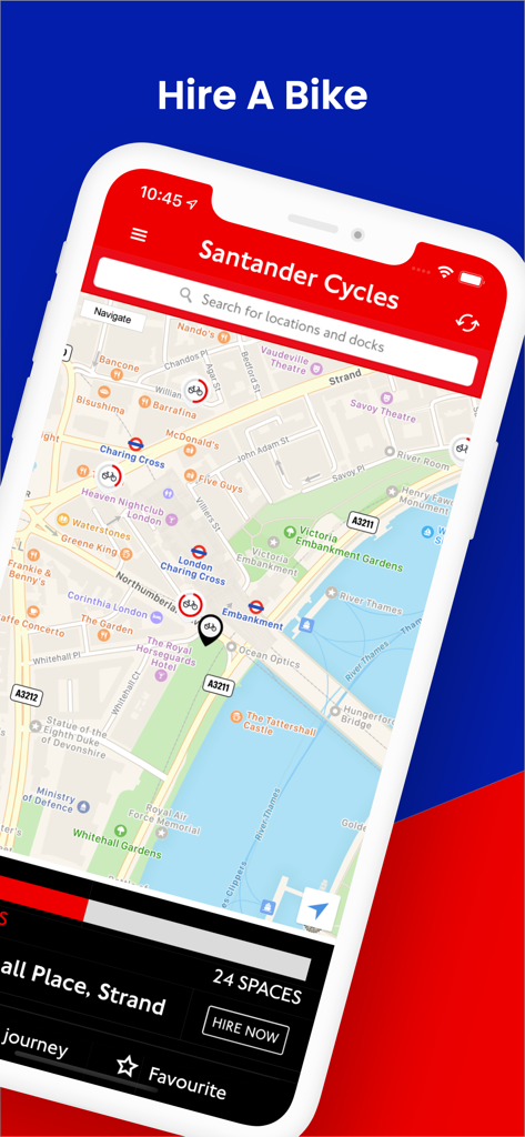 Santander Cycles - Santander Cyclesモバイルアプリのインターフェースに、ロンドンの地図、バイクのドッキングステーション、および「今すぐレンタル」ボタンが表示されています