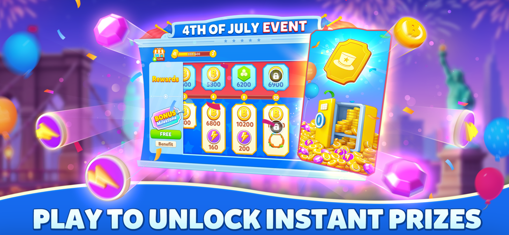 Bingo Home Design-Bingo&Decor - Captura de pantalla del juego de un evento del Cuatro de Julio que presenta recompensas de bonificación, monedas virtuales y un fondo festivo con temática de EE. UU.