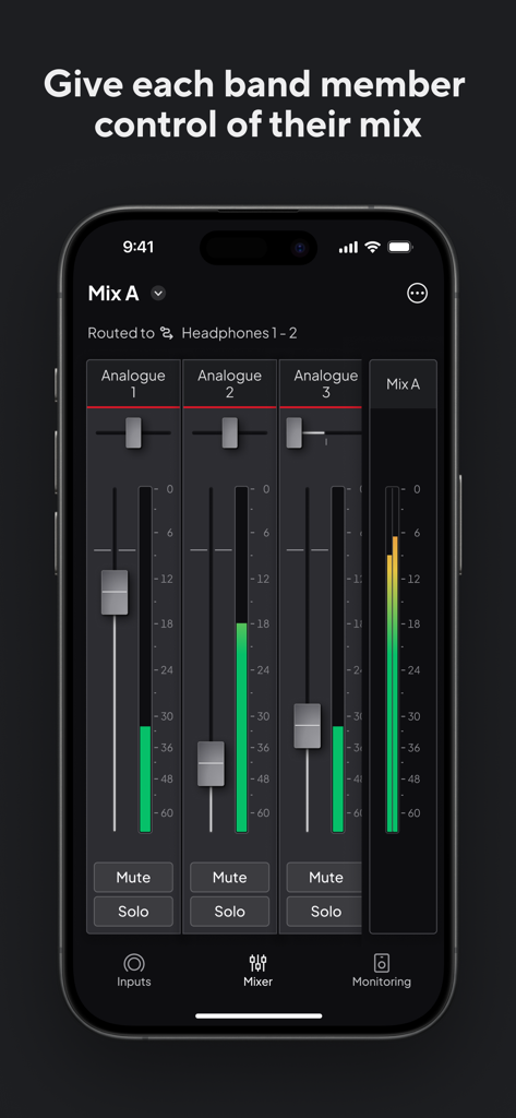Interface de l'application Focusrite Control 2 montrant les niveaux de mixage audio et les commandes de canal pour un matériel Scarlett 4e génération.