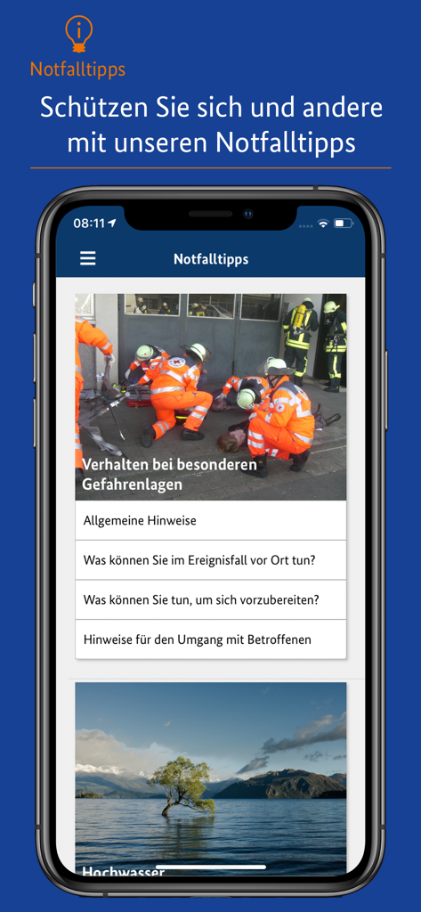 Ein Smartphone, das die NINA-App-Oberfläche mit Sicherheitstipps und Verhaltensanweisungen für Gefahrensituationen anzeigt.