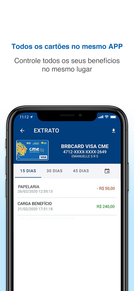 Smartphone screen displaying transaction history for a social benefit card in the BRB Social app