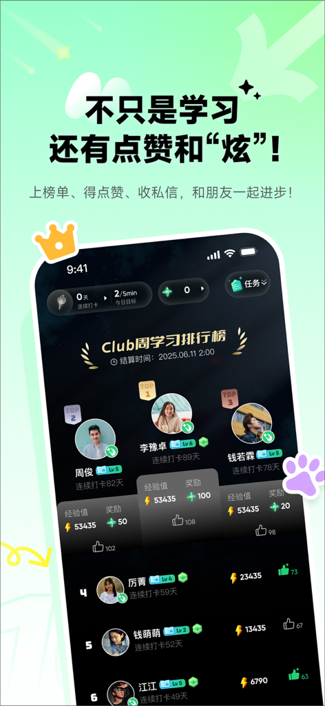 Interface de l'application Liulishuo English affichant le classement hebdomadaire des apprentissages avec les classements des utilisateurs et les récompenses pour leurs réussites.