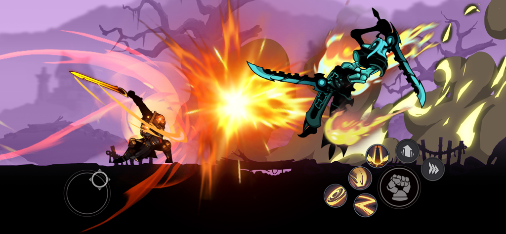 Stickman Master: Shadow Ninja - Stickman ninja performing a powerful hack and slash attack with fire effects in a shadow battle.