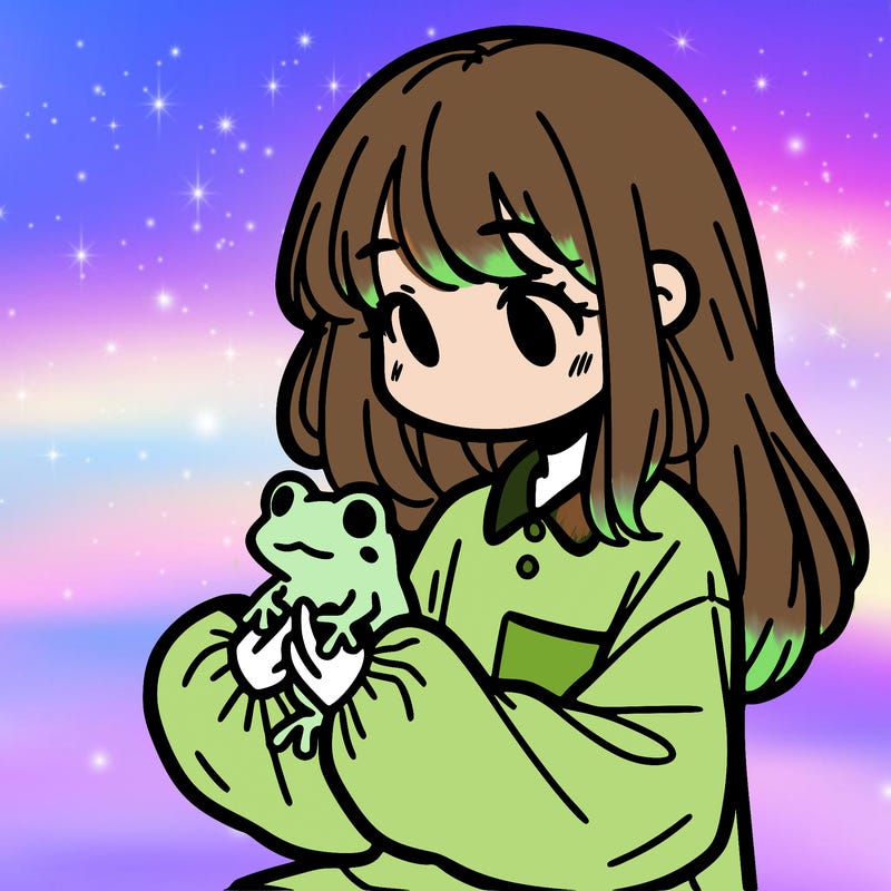 girl with long hair and a oversized shirt. and she is holding a frog