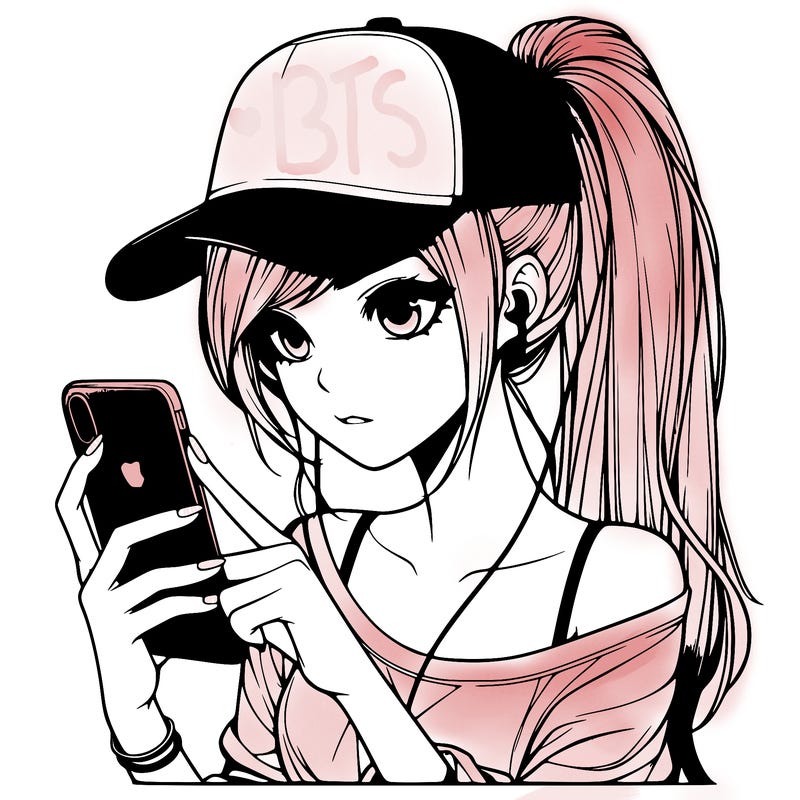 realistic girl with a long ponytail and trucker hat holding an iphone