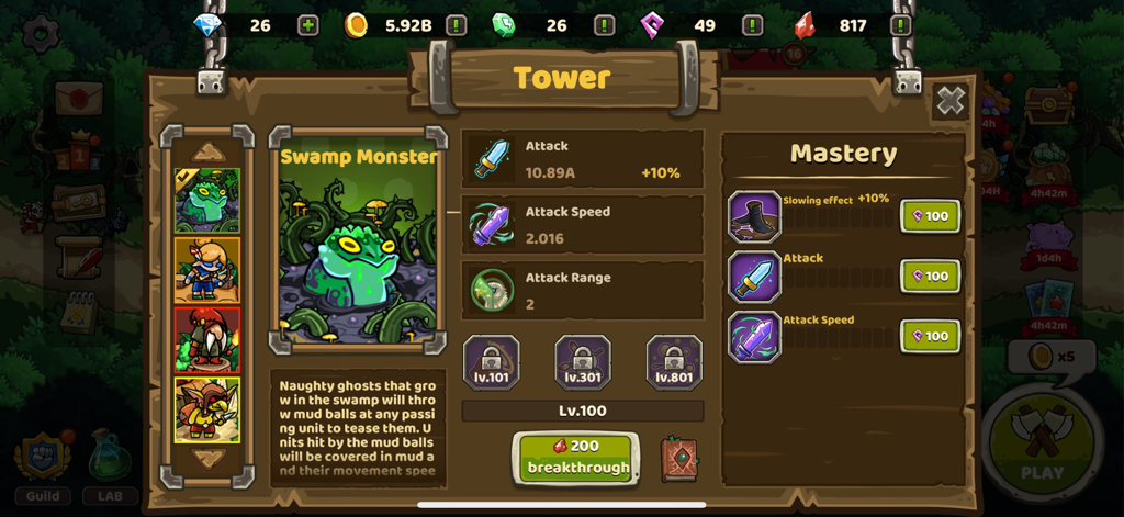 Rush Defense: idle TD - Swamp Monster tower upgrade menu showing attack stats and mastery levels in Rush Defense idle TD