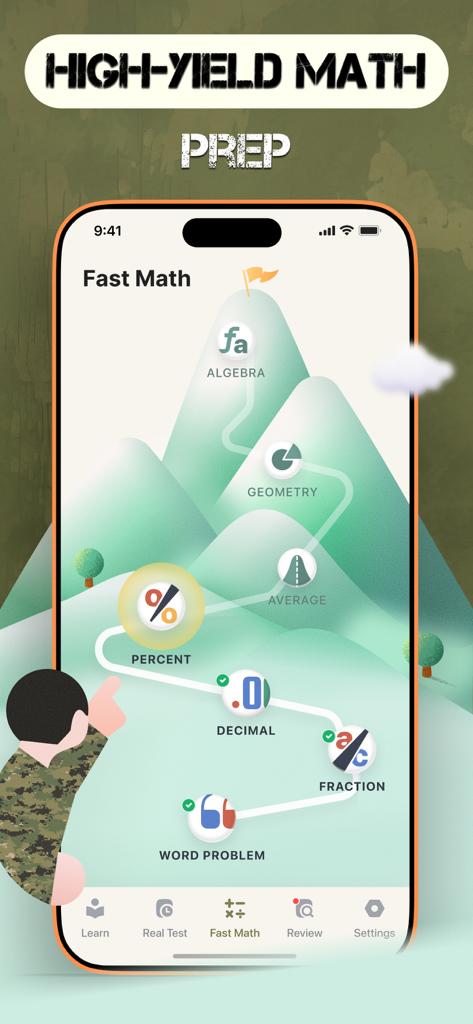 2026 ASVAB Practice Test Prep - A mobile app screenshot showing a gamified high yield math prep trail for ASVAB training including algebra and geometry