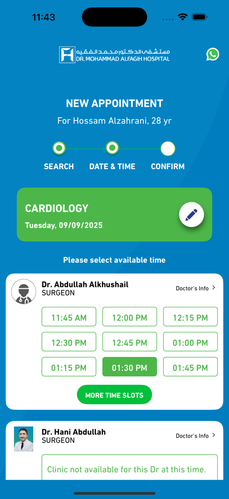 A mobile interface for booking a cardiology appointment at Dr. Mohammad Alfagih Hospital showing surgeon time slots.