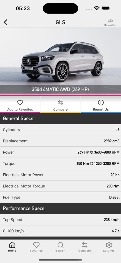Detailed technical and performance specifications of a Mercedes-Benz GLS 350d in the Car Specs Pro app interface