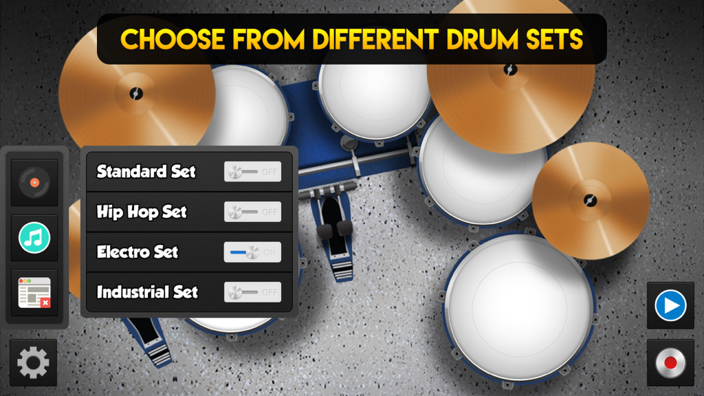 Drum Set Pro HD - Drum Set Pro HD interface showing a menu to choose between Standard Hip Hop Electro and Industrial drum sets