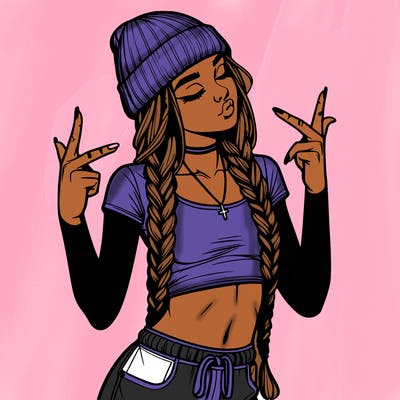 realistic teenage girl with braids and a beanie and crop top doing 🫶🏼