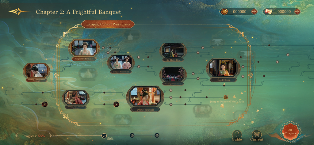 Road to Empress I - Interactive story branching map for Road to Empress I Chapter 2 showing various narrative paths and character outcomes.
