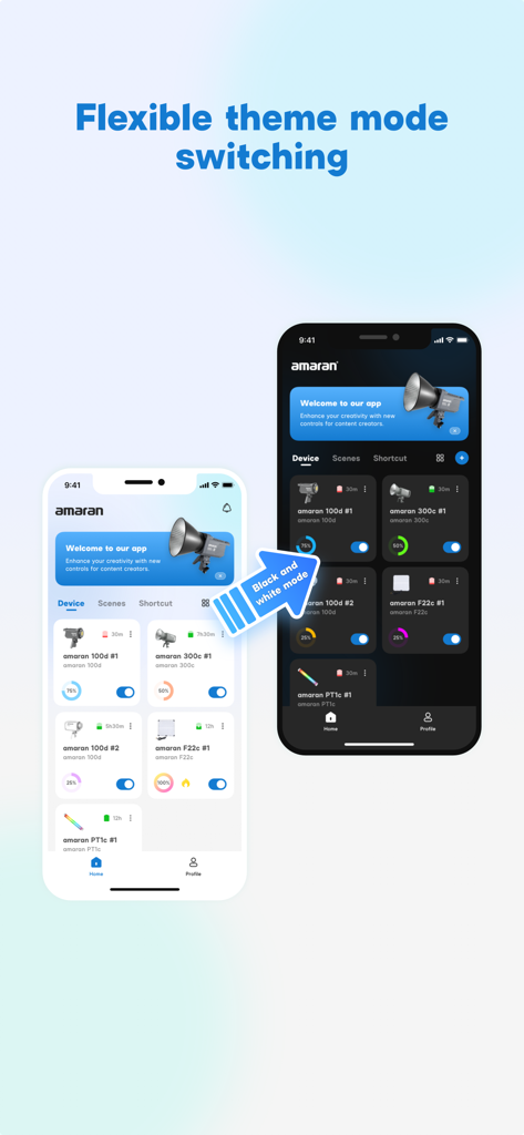 amaran - Two iPhones showing the amaran app interface in light and dark mode themes.