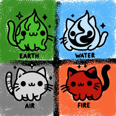 4 cats that represent the different elements, earth, water, air, and fire