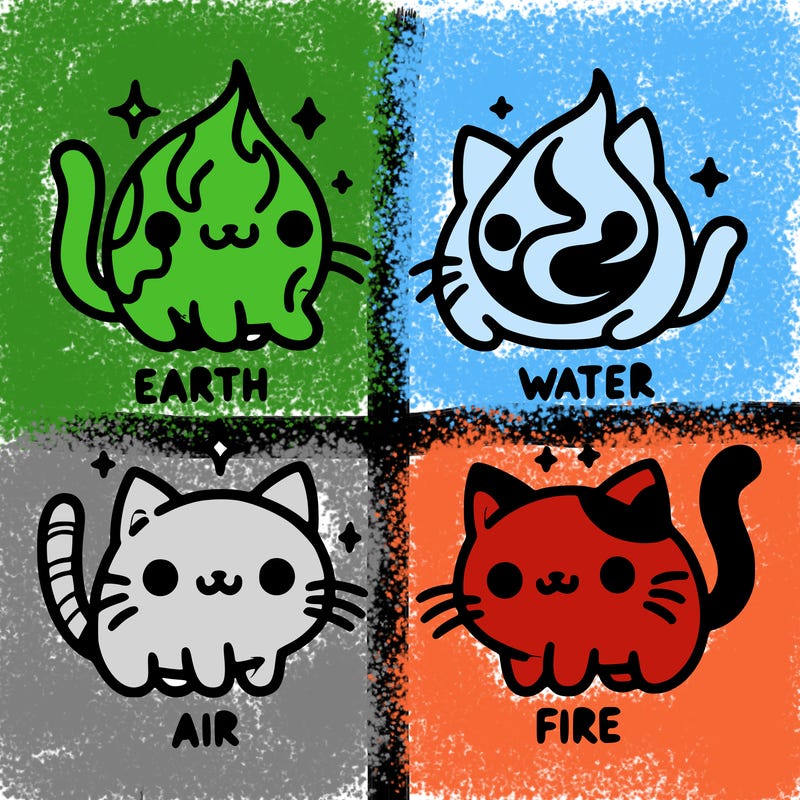 4 cats that represent the different elements, earth, water, air, and fire